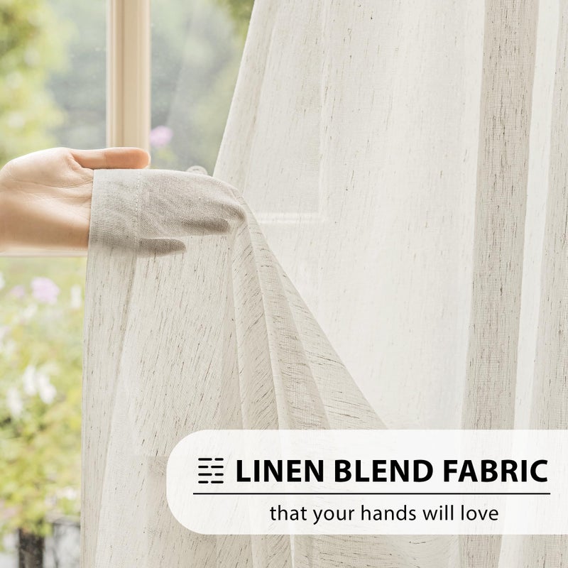 FMFUNCTEX Linen Sheer Curtains for Bedroom, Beige Curtains 72 inches Long for Living Room, Natural Flax Blend Window Draperies for Farmhouse Curtain, Rod Pocket 2 Panels - Image 3